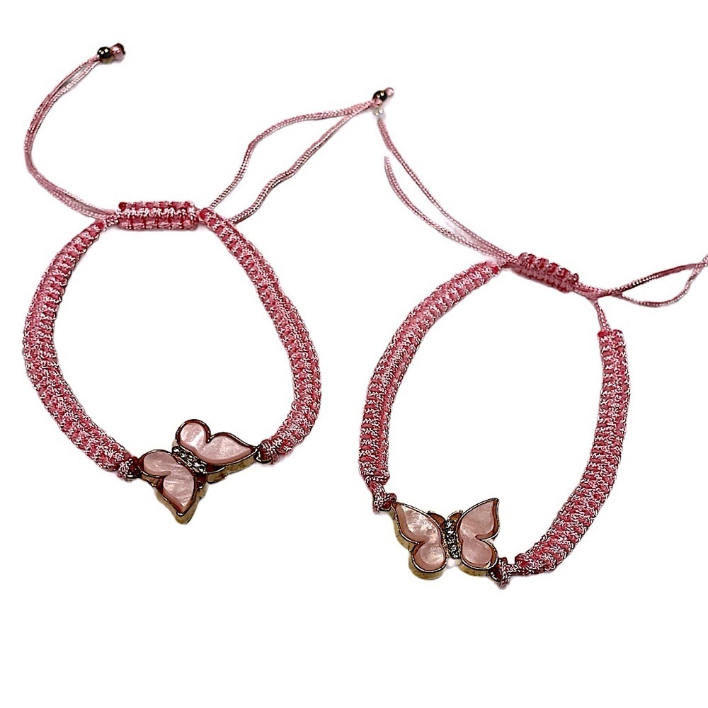 Pink Butterfly Bracelet set of 2 best friend bracelets weaved stone